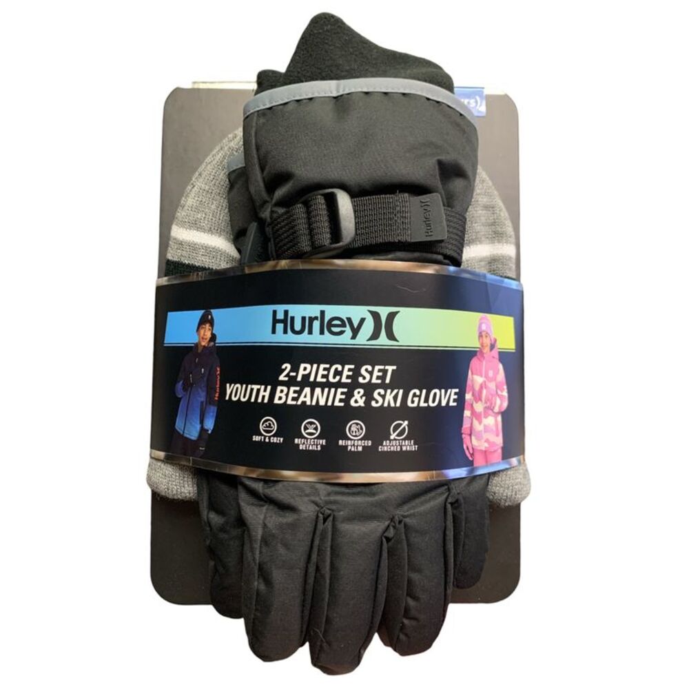 Black/Cool Grey - Hurley Kids 2 Piece Youth Cold Weather Knitted Beanie & Ski Gl